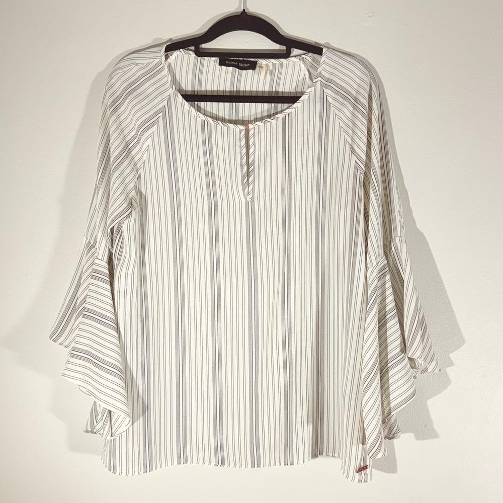 Ivanka Trump Gray and White Ruffled Blouse with Mandarin Collar
